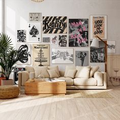 a living room filled with furniture and lots of pictures on the wall above it's coffee table