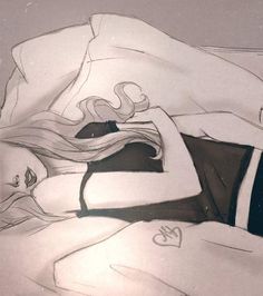 a drawing of a woman laying in bed with her head on the pillow and eyes closed