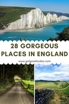 the coastline with white cliffs and blue water is featured in this postcard collage