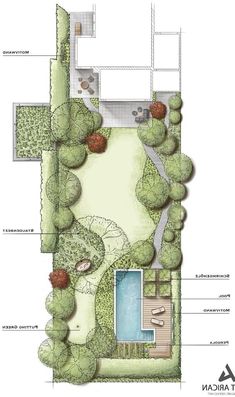 a plan for a garden with trees, bushes and a swimming pool in the center