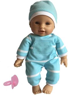 a baby doll with a blue outfit and pink pacifier