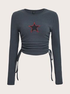 Black Casual Collar Long Sleeve Knitted Fabric Geometric  Embellished Slight Stretch Spring/Fall Women Clothing Dark Balletcore, Mood Clothes, Shein Icon, Shein Outfits, Star Embroidery, Swaggy Outfits, Women T Shirts