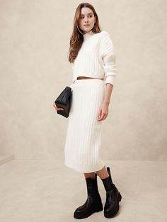 Cable Midi Sweater Skirt | Banana Republic Factory Cable Turtleneck Sweater, Midi Sweater Skirt, Womens Matching Sets, Classic White Shirt, Effortless Outfit, Pencil Skirts, Banana Republic Factory, Women's Skirts, Clothing Essentials