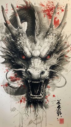 a drawing of a dragon with red eyes and fangs on it's face is shown