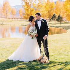 a bride and groom standing next to their dog