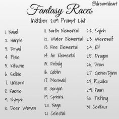 the fantasy races list is shown in black and white