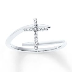 This pretty bypass ring for her features a cross outlined in sparkling diamonds atop a 10K white gold band. The ring totals 1/15 carat in diamond weight. Cross Rings, Engagement Ring For Him, Christian Merch, Jewelry Advice, Bypass Ring, Kay Jewelers, Diamond Cross, Cross Ring, Bling Rings