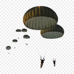 two parachutes flying in the sky with people parachuting behind them png