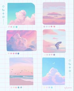 the sky is filled with clouds and birds in different colors, including pink, blue, green