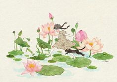 a drawing of a girl on a lily pad with water lilies