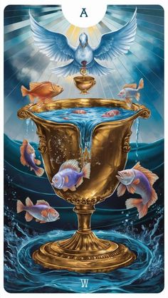 an image of a golden cup with fish in it and the word, aqua written below