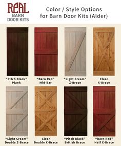 different types of barn doors with names and colors for each door, including the top one