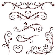 set of decorative swirls with hearts and flowers on white background for design element or page decoration