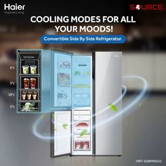 an advertisement for a refrigerator with its door open and the words cooling modes for all your mods