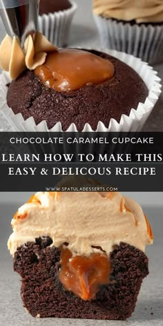 chocolate caramel cupcakes with icing on top and the words learn how to make this easy and delicious recipe