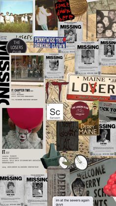 the collage is made up of many different pictures and words, including clowns