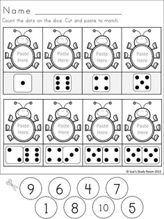 the printable worksheet for numbers 1 - 10, including two bugs and four dots