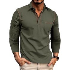 PRICES MAY VARY. [Feature]:These men casual polo shirts with collar can be paired with a casual and business style.Delicate front pocket button design make these Men's long sleeve polo shirts more classy,high stretch,no pilling and no wrinkling,convenient to wear,pair it jeans, casual pants for a stylish look. [Material]:The mens long sleeve tee shirts super soft and lightweight,moderate stretch and fitting cutcomfortable,keep you warm in cold days, making it more comfortable,is true classic tees men. [Design]:The mens fashion polo shirts has a classic basic style,solid color,button closure and classic lapel collar design,casual fit.It features moisture wicking and air permeable,this soft and lightweight polo shirt comes in a variety of colors,classic cut long sleeve soft cotton fabric mak Mens Henley, Casual Long Sleeve Shirts, Pullover Shirt, Retro Tshirt, Henley Shirts, Matching Shirts, Shirts & Tops, Casual Outfit, Mens Long Sleeve