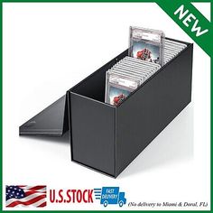 a black file box filled with cards and folders next to the us stock logo