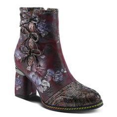 L`ARTISTE Style: CARRE Sophistication meets style with this chic bootie! The pop of multi-colored metallics blend together perfectly with beautifully printed floral designs. And don't forget that heel! Its one that is not easily forgettable. Upper: Leather Combo Lining: Velvet Insole: Synthetic Leather Outsole: Rubber Closure: Zipper Heel Height: 3" Shaft Height: 7.50 Circumference: 10" Features: - Fit Recommendation: Fits true to size - Crafted with exquisite attention to detail, this bootie fe Planned Outfits, Artistic Shoes, Drawings Ideas, Spring Boots, Funky Shoes, Spring Step Shoes, Zipper Heels, Accessories Bags Shoes, Round Toe Shoes