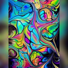 an abstract painting with multicolored lines and shapes in the form of waves on a black background