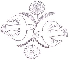 two birds are flying next to each other with flowers in their beaks and wings