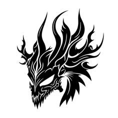 a black and white image of a dragon's head with flames on its face