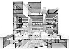 an architectural drawing of the interior of a building with multiple levels and spaces on each level