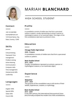 a high school student's resume is shown