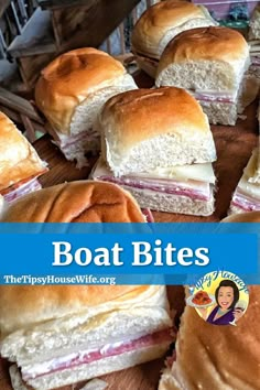 The photo shows little sandwiches made with Hawaiian Dinner roles, cold cuts, cheese and your choice of toppings. The brightly colored banner displays the name of the recipe, "Boat Bites." Sliders For Tailgating, Easy To Go Sandwiches For Cooler, Make Ahead Hawaiian Roll Sandwiches, Boat Day Sandwiches, Picnic Sliders Hawaiian Rolls Cold, Easy Hawaiian Roll Sandwiches, Gawain Roll Sandwiches, Cold Meat Sliders, Hawaiian Roll Sliders Make Ahead