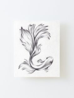 a black and white drawing of a koi fish on a canvas mounted to a wall