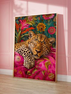 a painting of a leopard laying on a pink couch in front of a pink wall