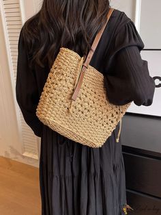 Bird in Bag - Woven Straw Tote Bag with Open Top for Women - Solid Color Capacity Casual Woven Bucket Bag, Casual Beige Square Bucket Bag, Casual Woven Bucket Shoulder Bag, Casual Woven Bucket Shape Shoulder Bag, Spring Vacation Backpack Bags, Spring Vacation Backpack, Casual Rectangular Bucket Bag With Adjustable Strap, Casual Everyday Straw Backpack Bag, Casual Straw Backpack Bag For Everyday Use