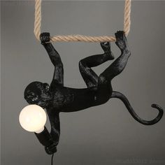 a monkey hanging from a rope with a light on it