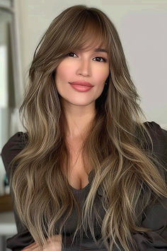 Beautiful long hair with side-swept bangs and long layers. Side Part Swept Bangs, Side Swept Bangs Long Hair With Layers Straight, Sweeping Side Bangs, Heavy Side Bangs With Long Hair, Bangs With Long Layers, Long Hair With Side Bangs, Side Swept Bangs Long Hair