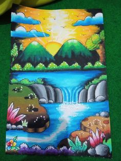 a painting of a river with mountains in the background and flowers on the ground next to it