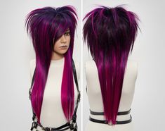 Pink and Dark Purple Beehive Wig with Side Part Bangs, 360 Long Shag Wig Styled, Alternative, Goth Visual Kei, Emo, Scene Wig Men, Women, Alopecia and Chemo. Products Informations * Cap size: Average (54-56cm) with elastic and hook for size adjustment; custom sizing available upon request. * Unisex - Size of the wig is adjustable and suitable for different head size, style is suitable for man and woman. * Premium quality heat resistant synthetic hair, can style with the electrical tool that has Goth Wig, Scene Wigs, Side Part Bangs, Parted Bangs, Wig Party, Purple Wig, Pink Wig