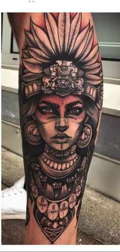 India Americana, India Tattoo, Mushroom Lady, Aztec Warrior Tattoo, Aztec Tattoos Sleeve, Native American Tattoo Designs, Thigh Tattoo Men, Lady Tattoo, Mayan Tattoos