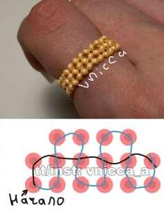 the ring is made out of beads and has an inscription on it that says,