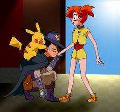 an animated image of two people dressed as pokemon and pikachu, one holding the hand of another person