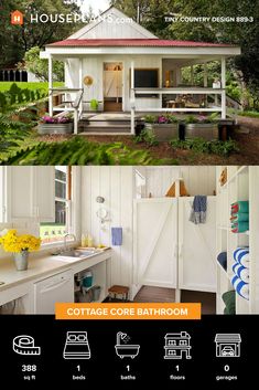 a small white cottage with the words cottage core bathroom on it's front and side