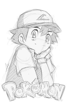 a drawing of a boy in a hat with the word pokemon on it and an image of