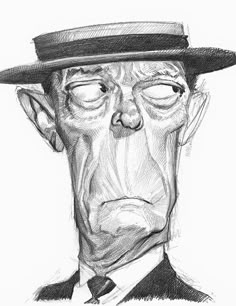 a drawing of an old man wearing a fedora and glasses with his eyes closed