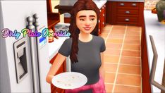 a girl is holding a plate in the kitchen