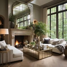 a living room filled with furniture and a fire place in front of a large window