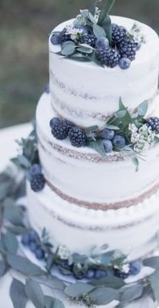 a wedding cake with berries and greenery on top