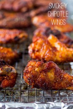 chicken wings on a grill with smokey chipotle wings