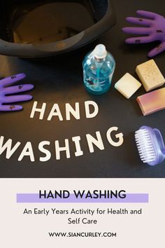 hand washing with purple gloves and soap next to it on top of a black table