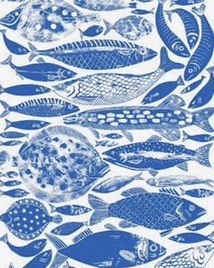 a blue and white drawing of fish swimming in the ocean by corbi art