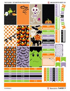 halloween themed printables with pumpkins, bats and skulls